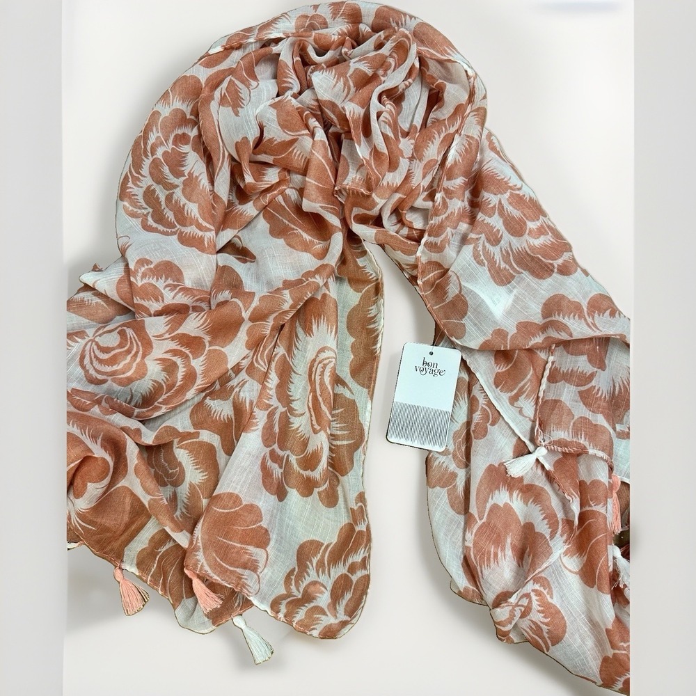 Bon Voyage Peach Peony Floral Print Tassel Scarf Wrap Shawl 32x68 Polyester NWT